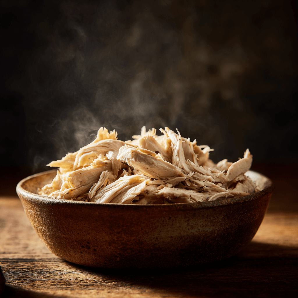 Hero shot of shredded crockpot chicken in a rustic bowl on a wooden table with warm, inviting light.