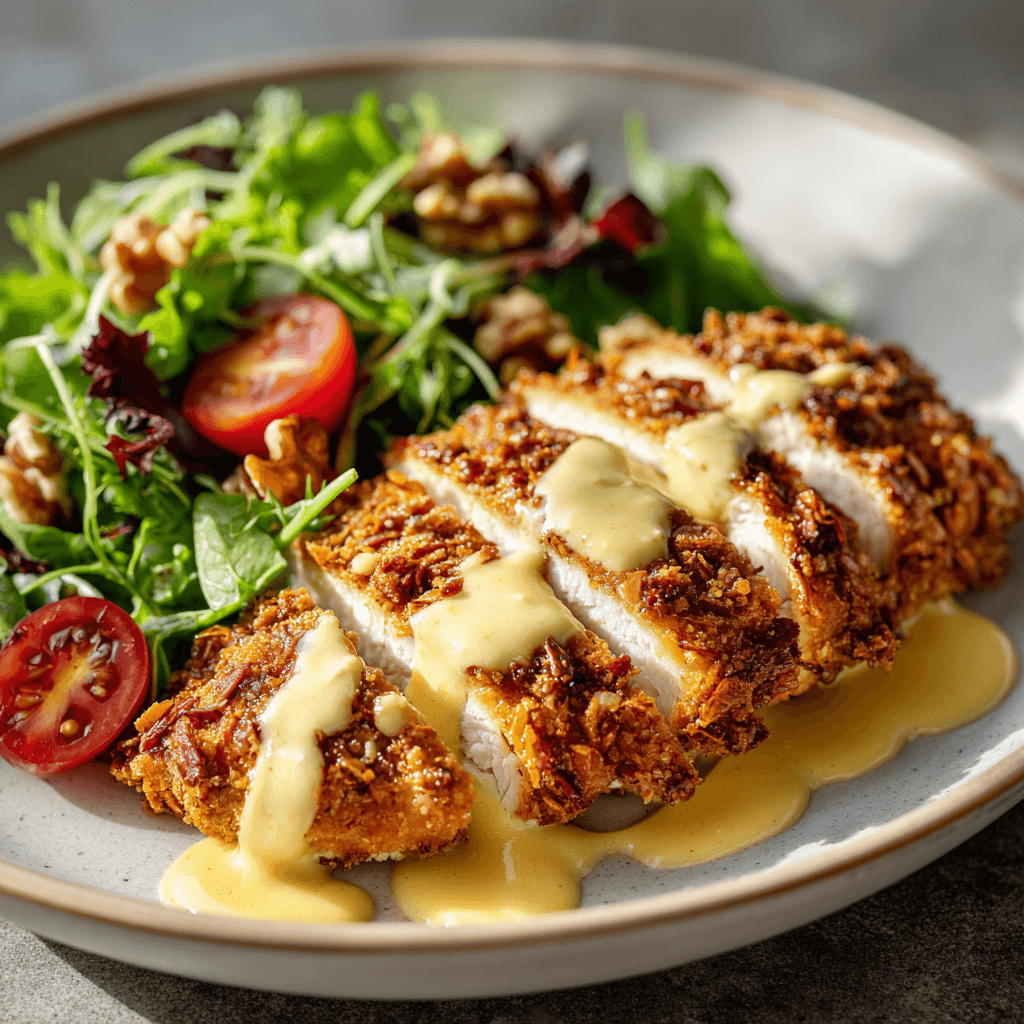 Close-up of crispy pretzel chicken topped with creamy mustard cheddar sauce, served with cherry tomato and walnut salad on a white plate — bright, realistic gourmet dinner in natural daylight.