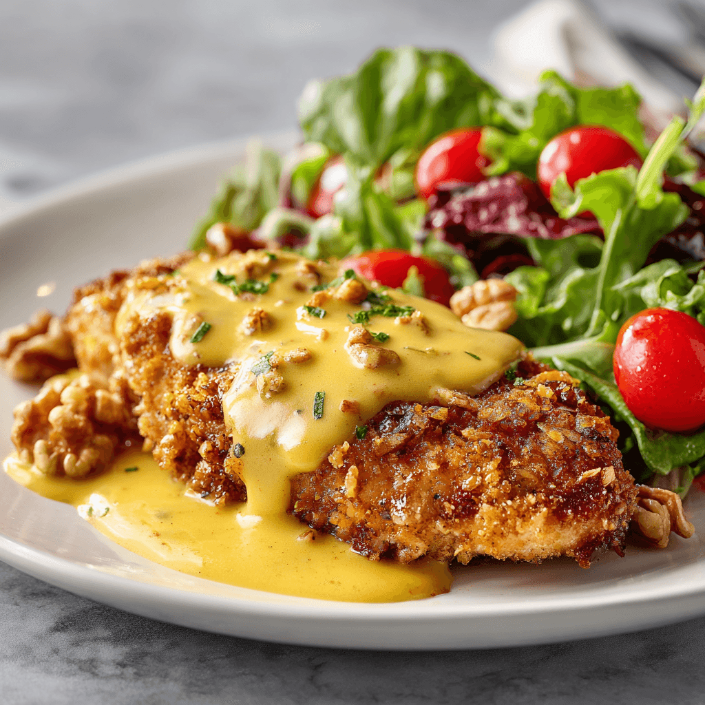 Crispy pretzel-coated chicken drizzled with cheddar mustard sauce beside a fresh mixed salad with cherry tomatoes and walnuts on a white plate — elegant, realistic food photography in natural light.