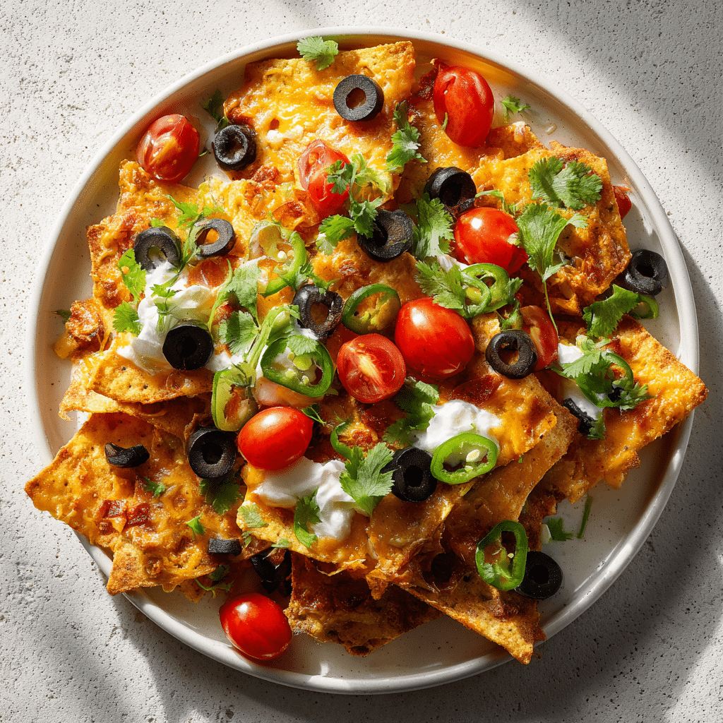 Professional presentation of air fryer nachos served on a clean white ceramic plate. Crisp golden tortilla chips layered with melted cheese, cherry tomatoes, black olives, jalapeños, and chopped cilantro