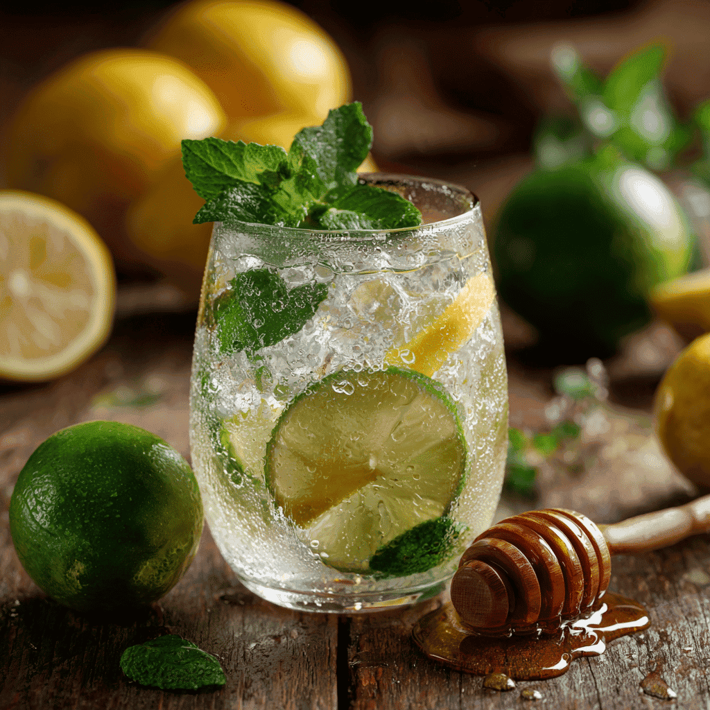 Glass of Brazilian Mounjaro drink with ice, lemon, and mint as honey drizzles in, surrounded by fresh citrus on a wooden table.