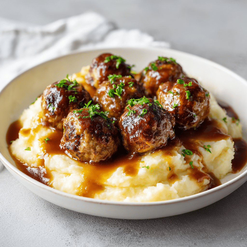 Salisbury steak meatballs with brown gravy served over mashed potatoes on a clean white plate under natural light.