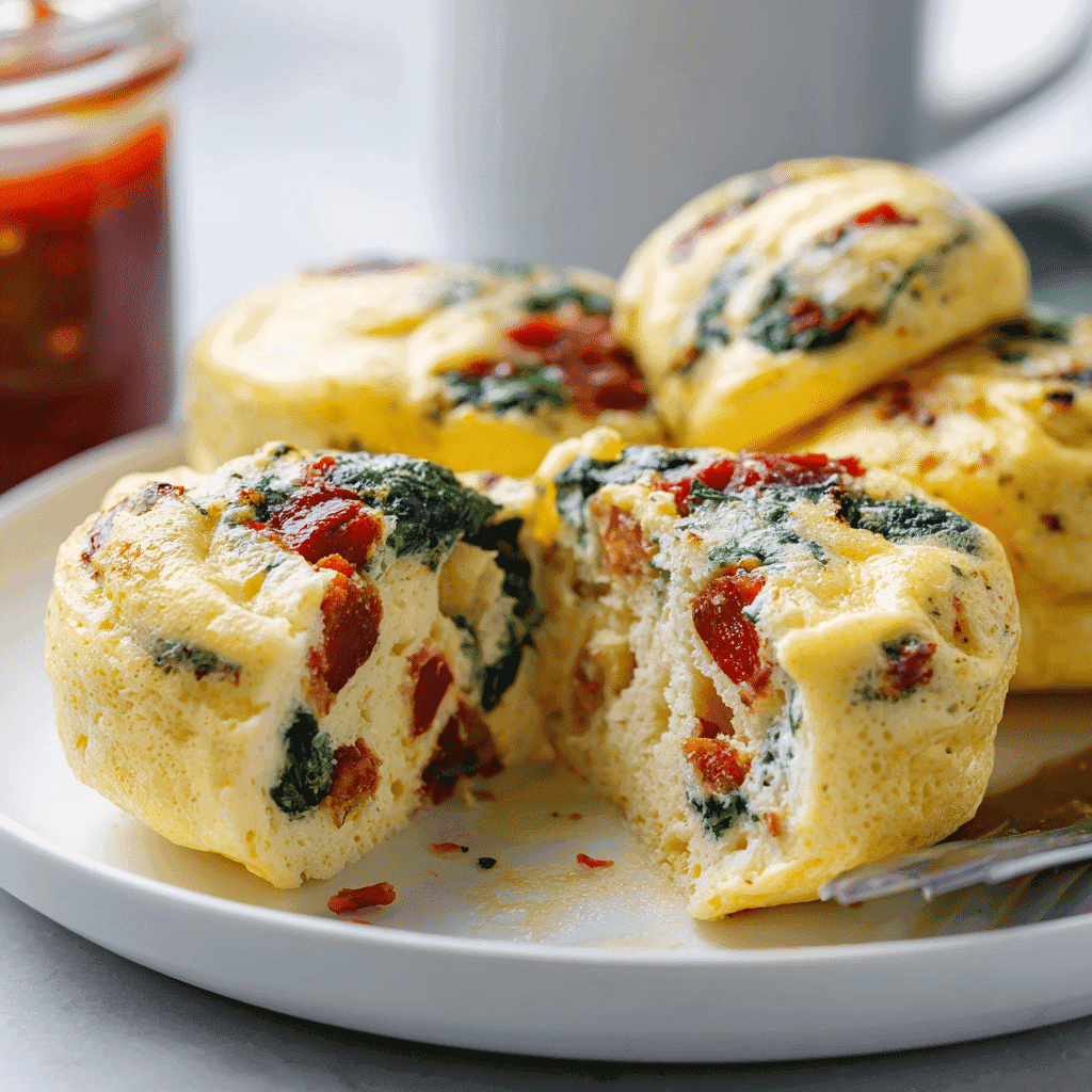 Close-up of Instant Pot egg bites with bacon, spinach, and red pepper on a white plate — soft, fluffy, and protein-packed breakfast recipe.