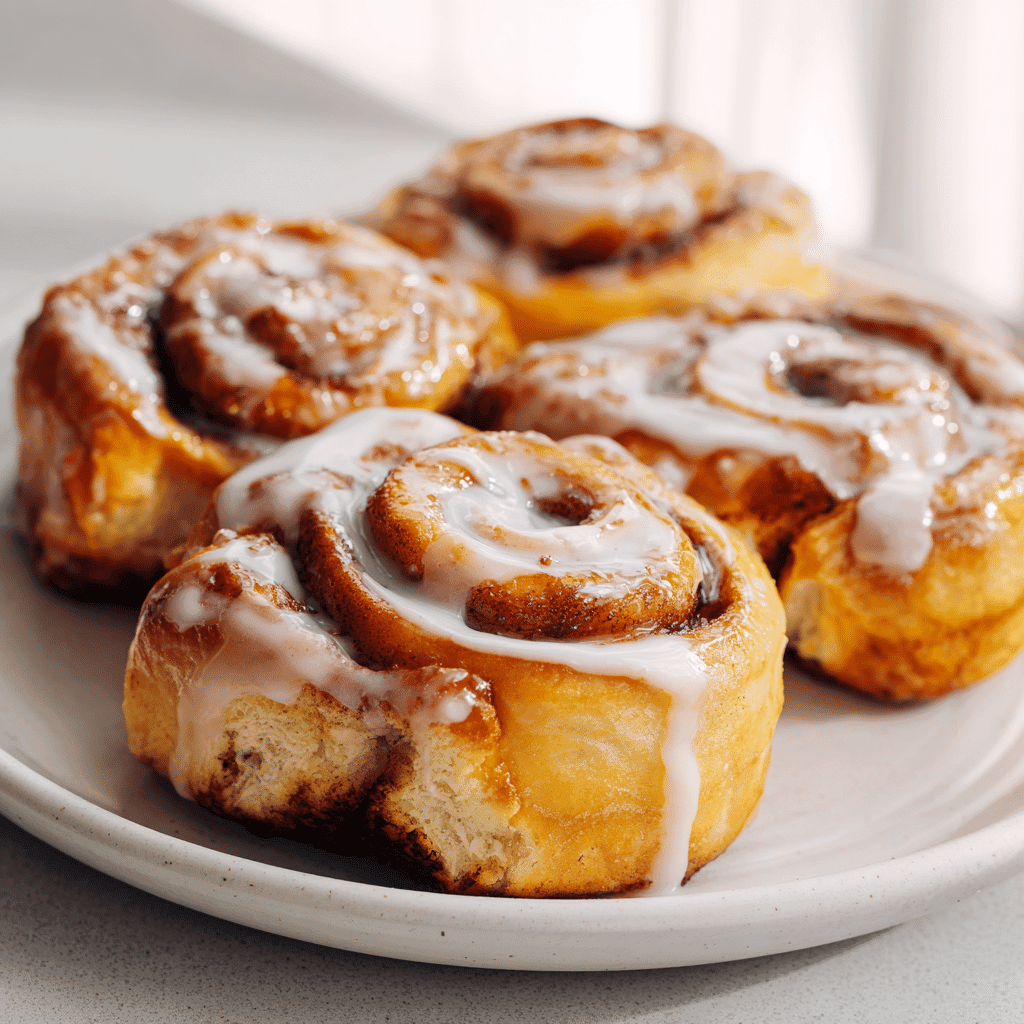Close-up of freshly baked cinnamon rolls with shiny vanilla icing on a white plate under bright natural light.