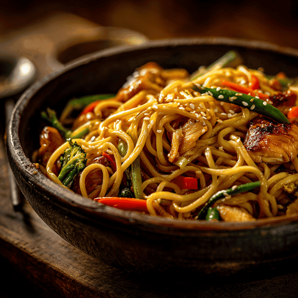 shot of steaming chicken lo mein with vegetables in a rustic bowl on a wooden table with warm lighting.