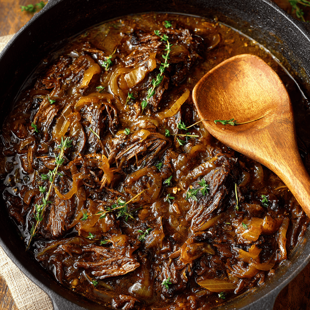 Top-down view of shredded French onion pot roast in rich gravy with a wooden spoon and thyme garnish.