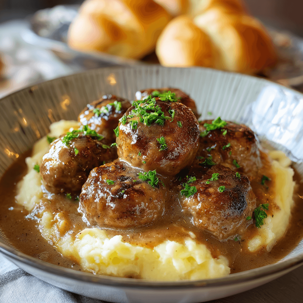 Close-up of Salisbury steak meatballs in brown gravy over mashed potatoes in a patterned bowl with dinner rolls in the background.