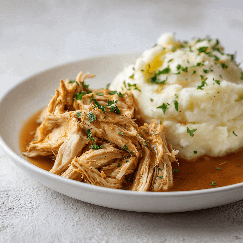 Close-up of creamy chicken and gravy served with mashed potatoes on a white-rimmed plate, garnished with parsley.