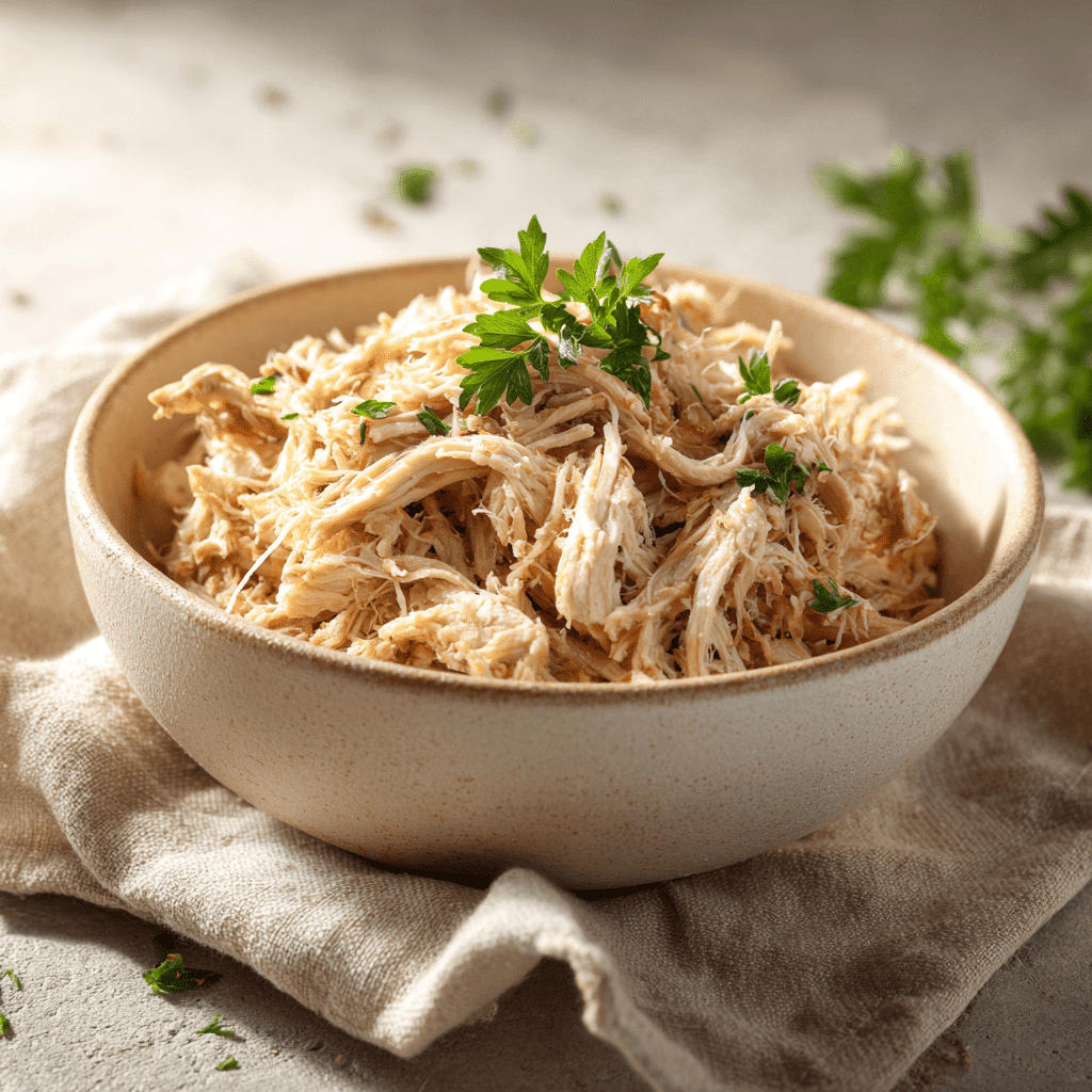 Top view of tender shredded chicken in a beige bowl garnished with parsley, with a rustic napkin underneath.