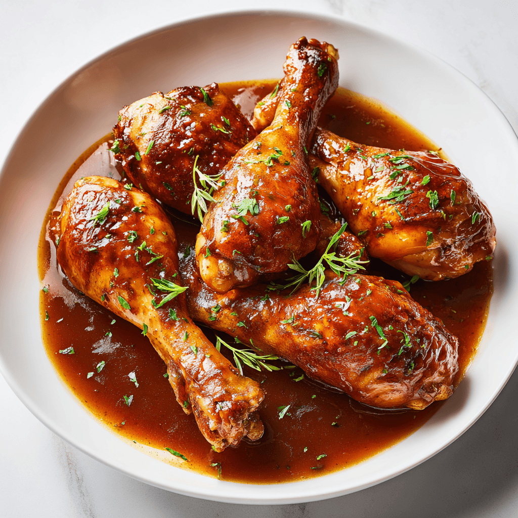 Slow-cooked chicken drumsticks with glossy brown glaze served on a clean white plate under natural daylight.