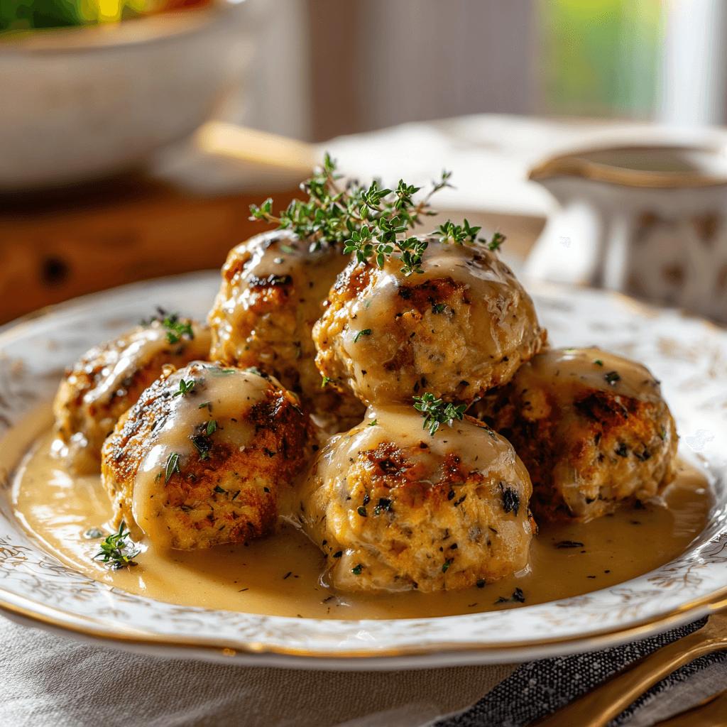 Close-up of golden-brown turkey stuffing balls topped with creamy gravy on a white plate — warm, comforting Thanksgiving side dish photographed in soft natural light.