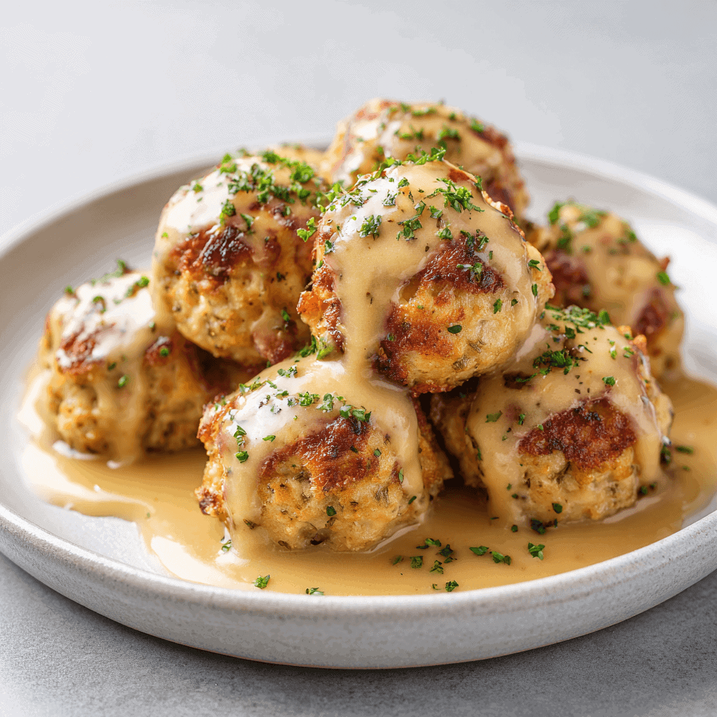 Golden turkey stuffing balls with creamy gravy and herb garnish on a white plate — bright natural daylight and minimalist Thanksgiving presentation, realistic food photography.