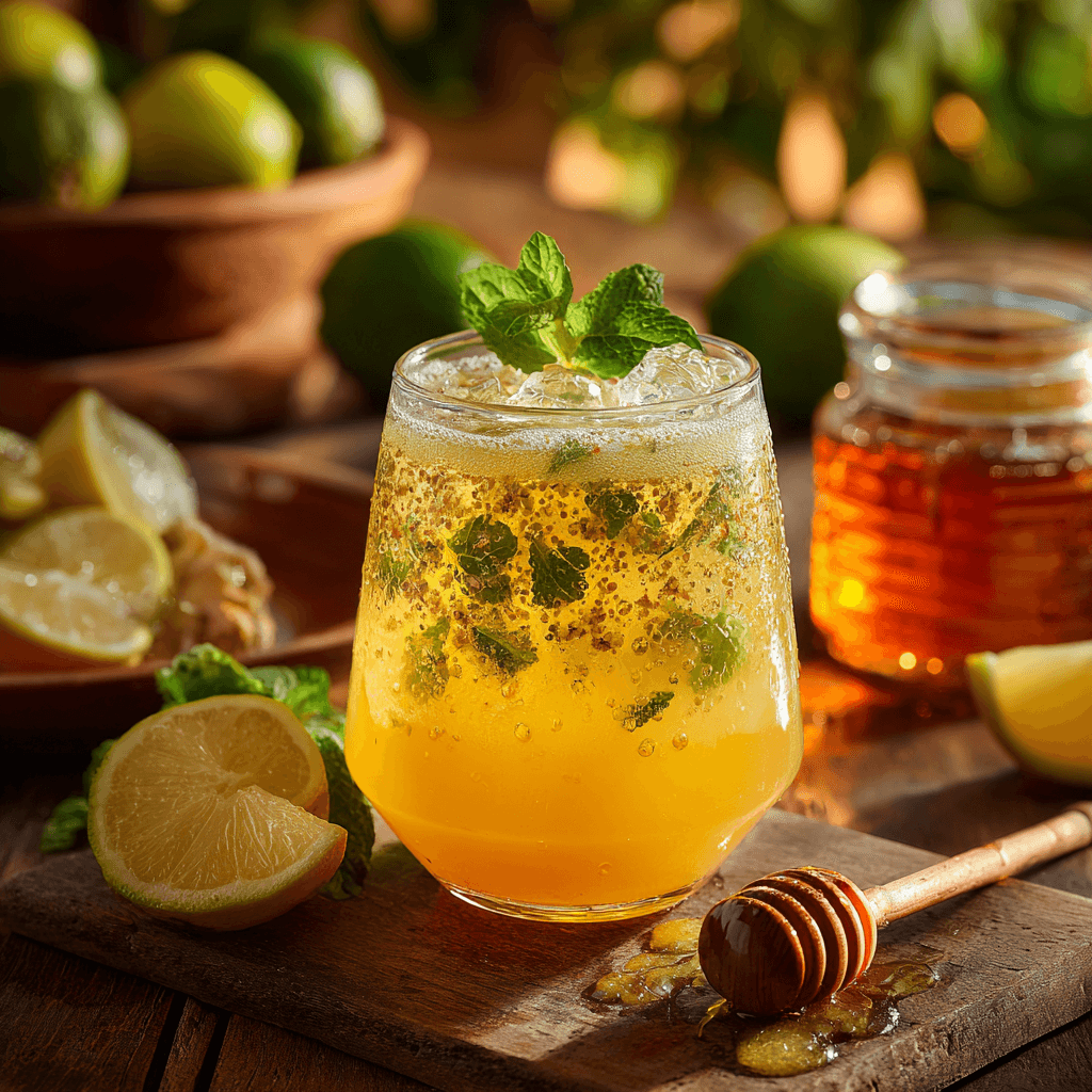 Brazilian Mounjaro drink with lemon, mint, and honey on a rustic table under warm golden-hour light.