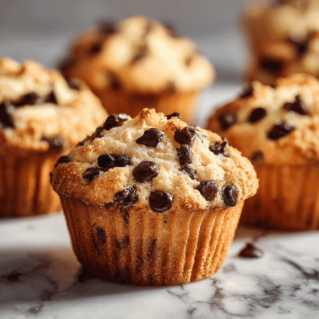 Close-up of freshly baked Kodiak muffins with melted chocolate chips on a marble surface — soft, fluffy, and protein-packed breakfast treat.
