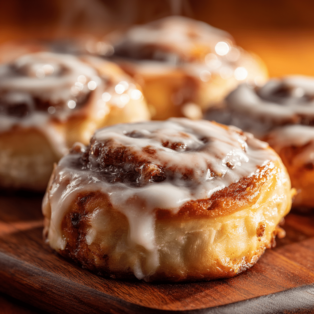 shot of warm cinnamon rolls with melted vanilla icing on a rustic table under soft golden lighting.