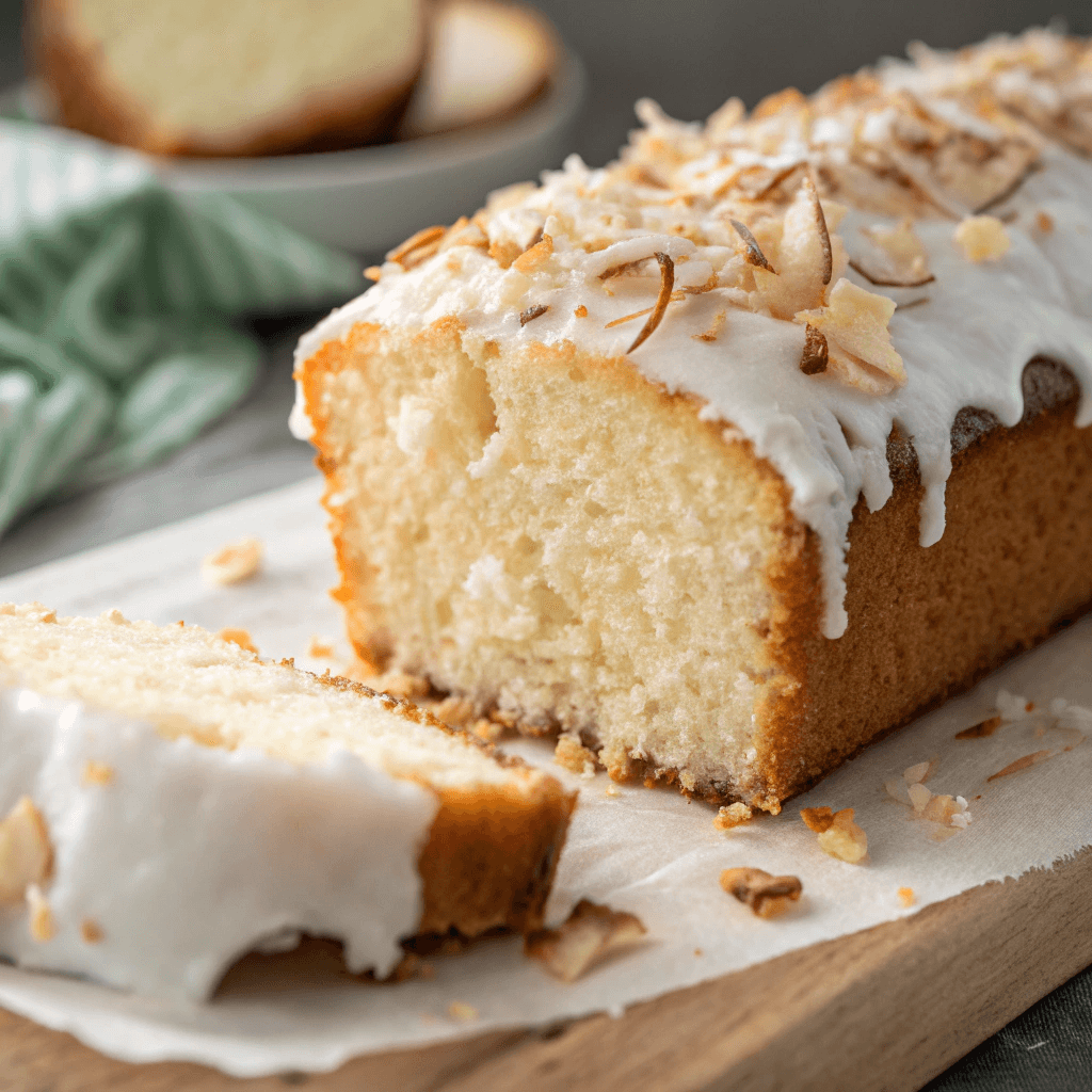 Close-up shot showing moist texture and coconut flakes in coconut loaf cake.