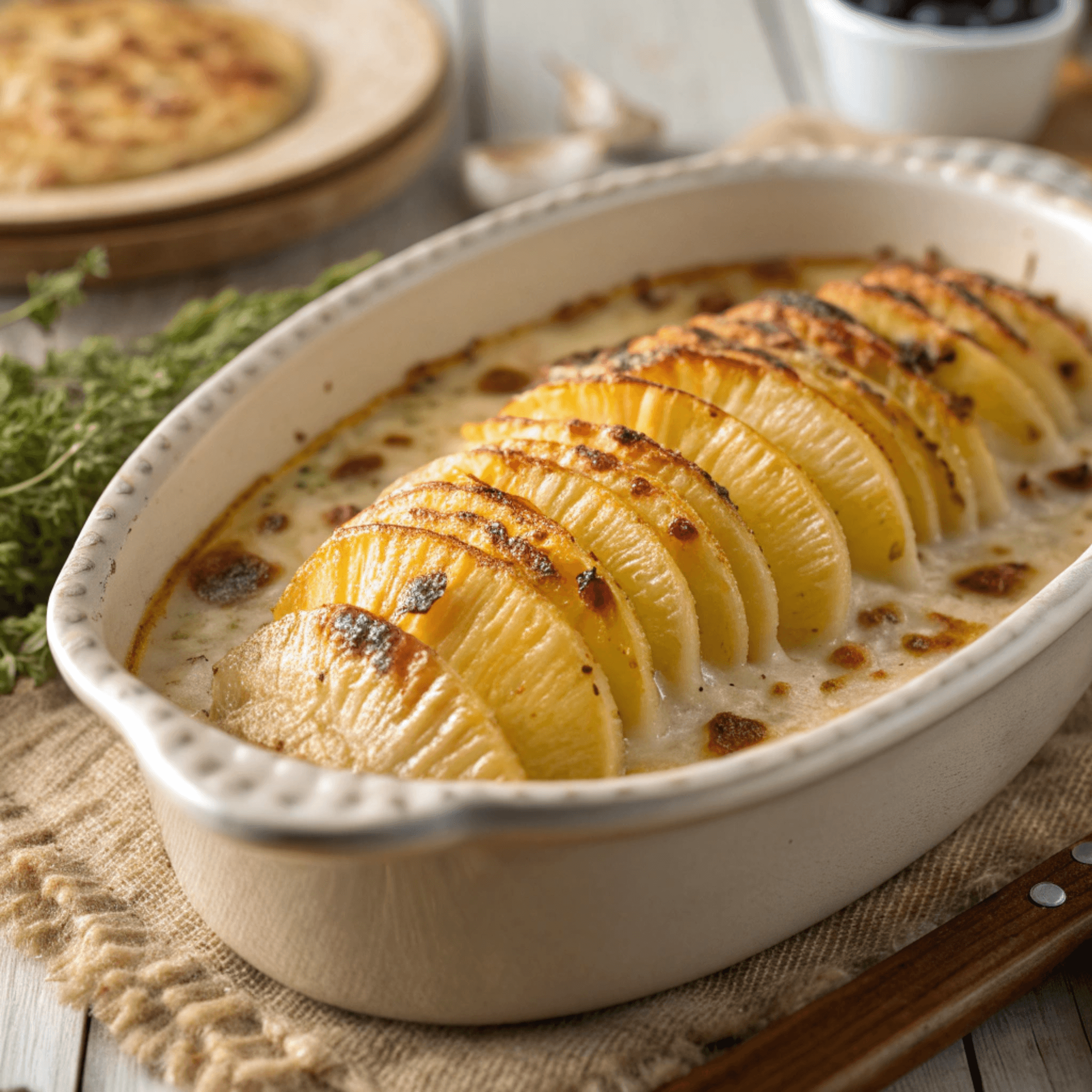 Crispy & Creamy Hasselback Potato Gratin Recipe 4 Close-up hero shot of bubbling Hasselback potato gratin with crispy golden edges in a ceramic baking dish.