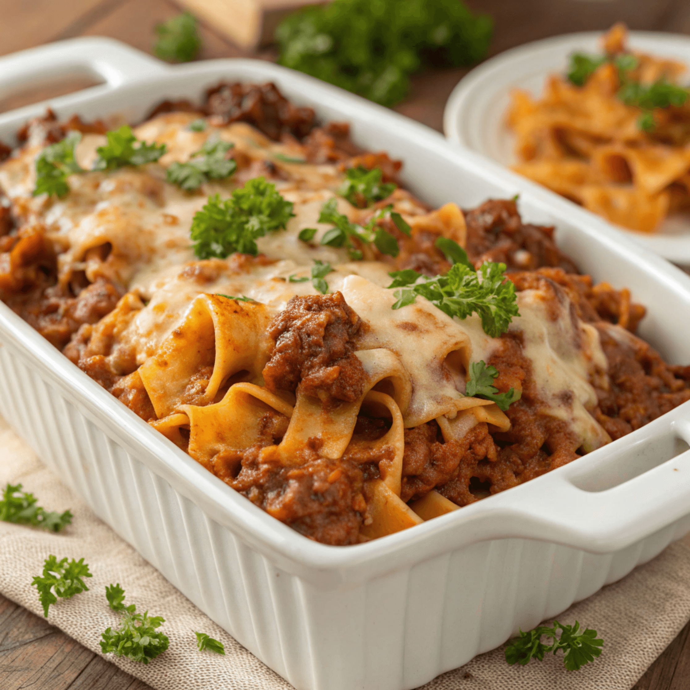 Sloppy Joe Casserole: Easy, Cheesy Family Favorite 3 Close-up hero shot of sloppy joe casserole with melted cheese, pasta, and rich meat sauce in a white baking dish.