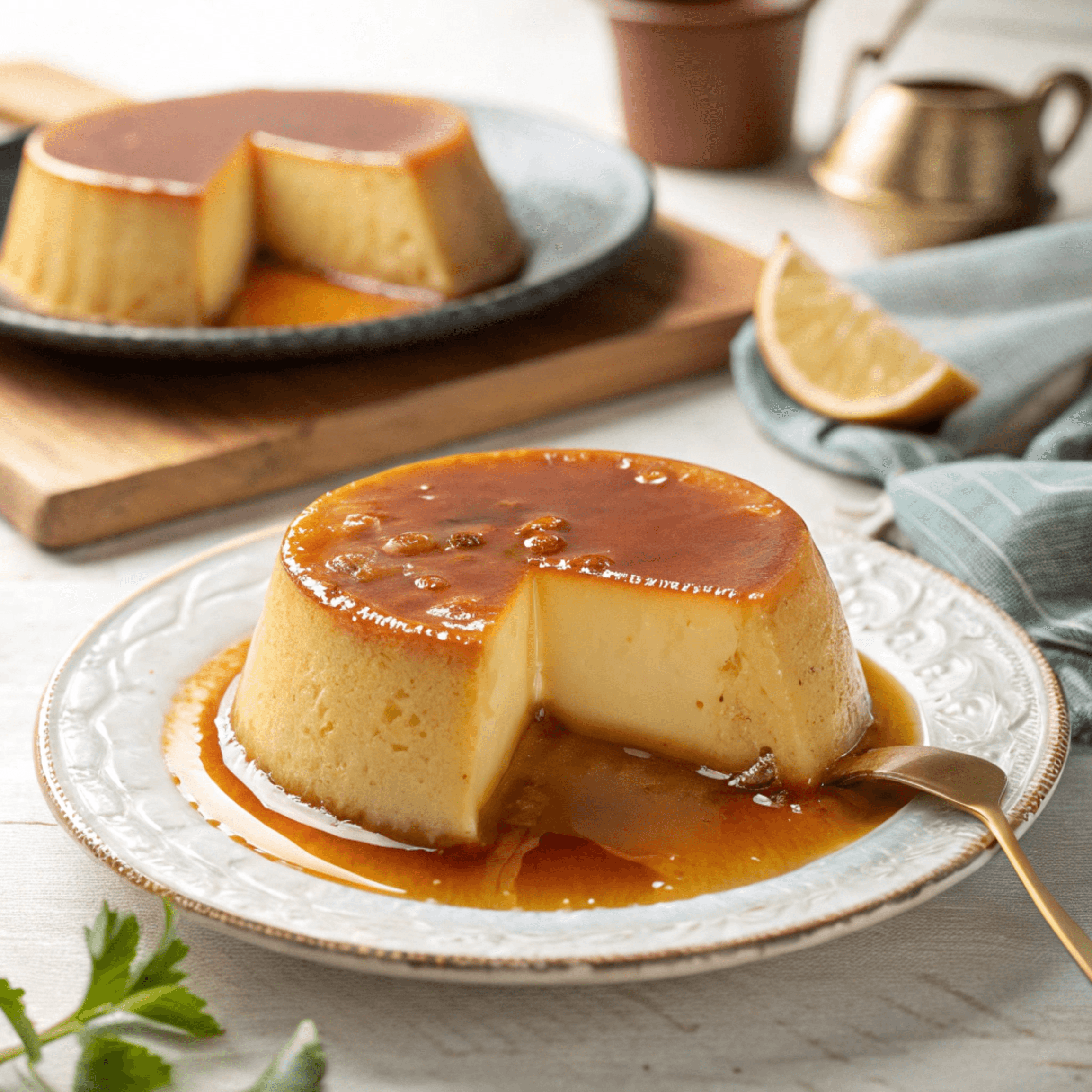 Close-up hero shot of creamy Brazilian flan with glossy caramel and a slice removed showing silky custard.