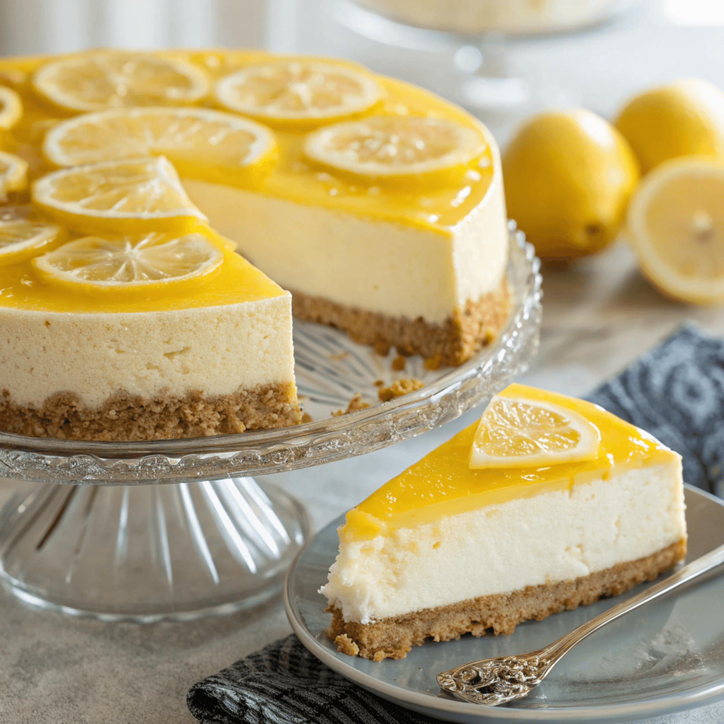 Close-up hero shot of lemon curd cheesecake with lemon slices on top and a slice removed showing creamy filling.