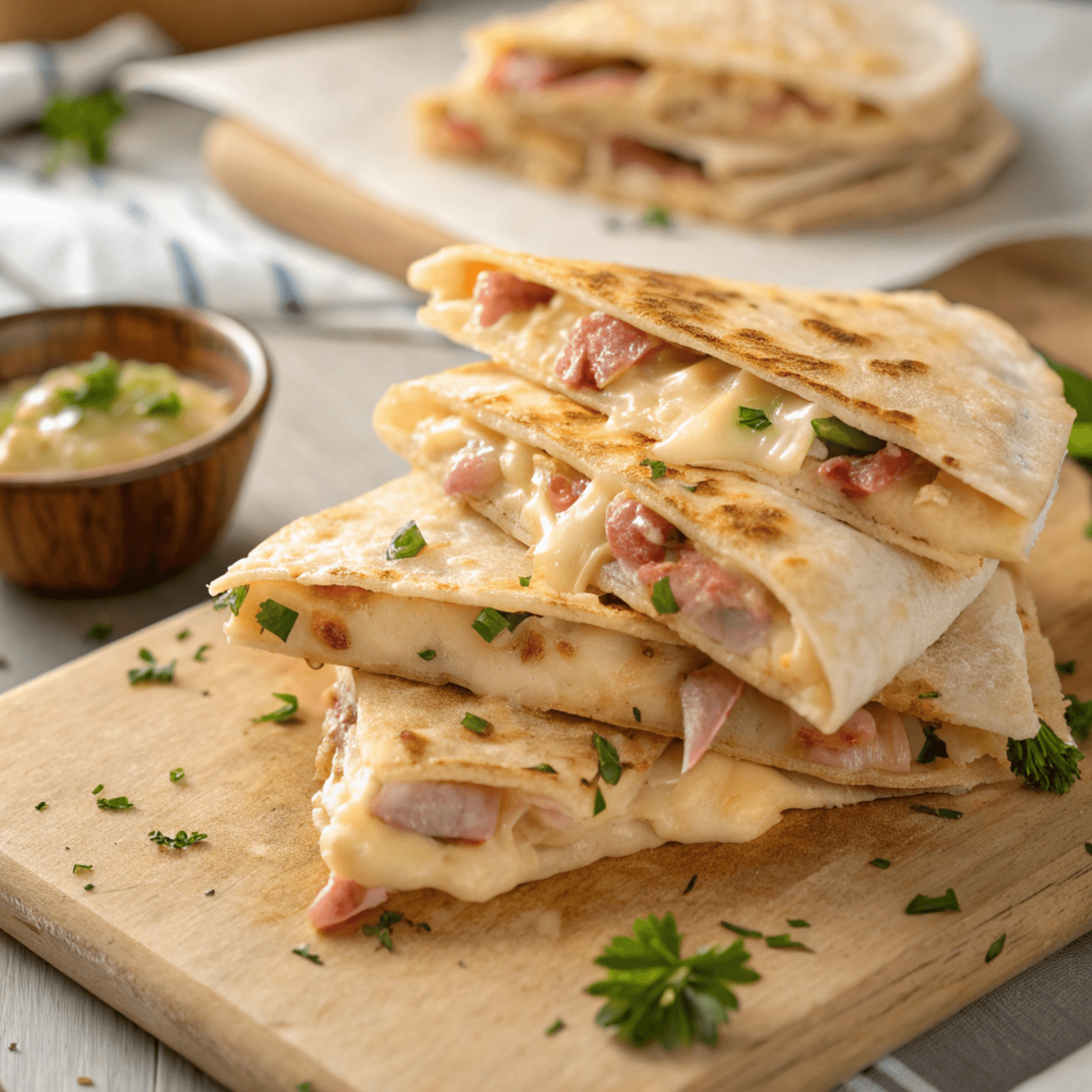 Close-up hero shot of stacked cordon bleu quesadilla wedges with melted cheese and ham spilling out.