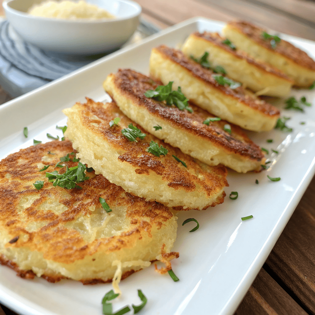 Crispy German Potato Pancakes (Kartoffelpuffer) 3 Close-up of crispy golden German potato pancakes arranged neatly on a white plate.