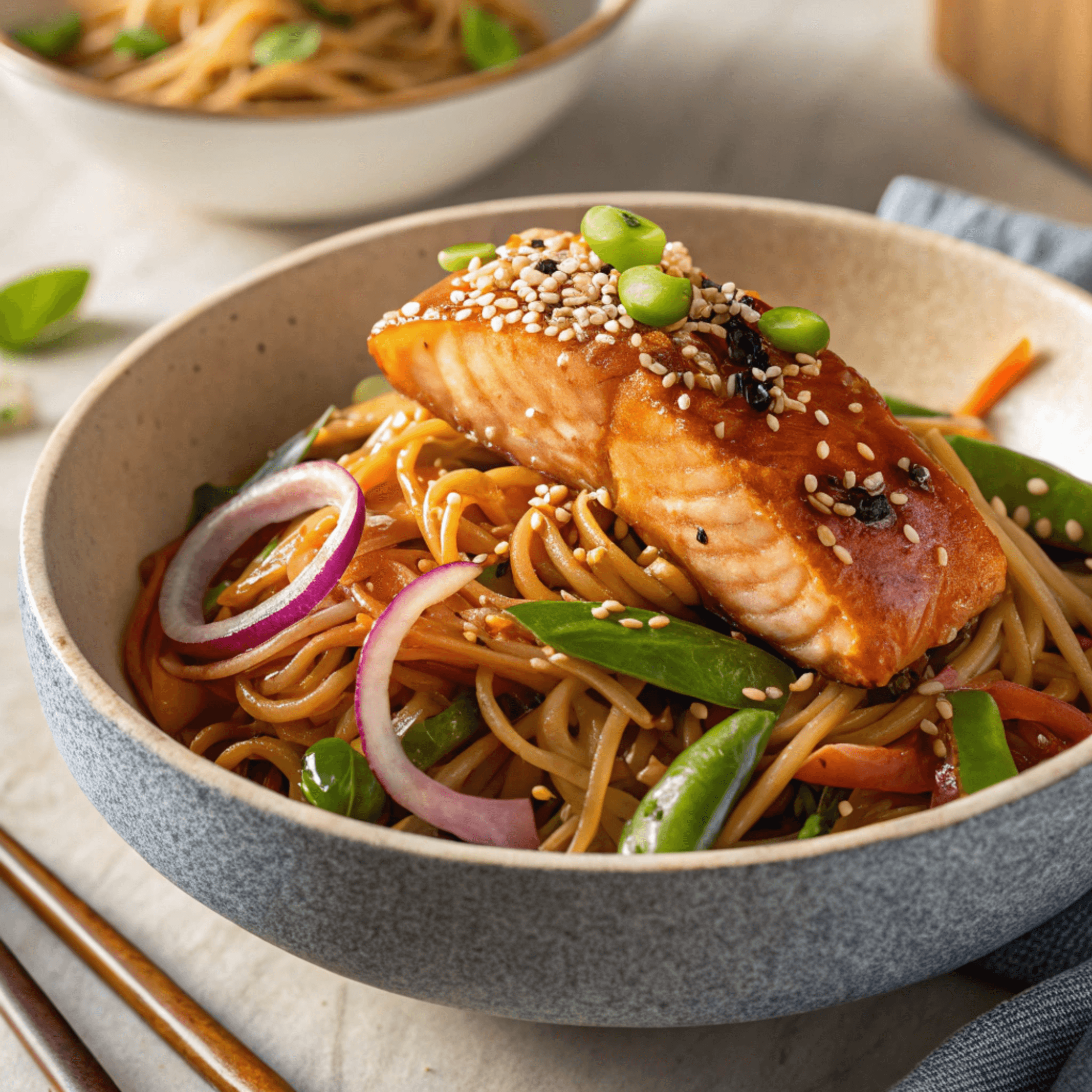 Close-up hero shot of chili salmon noodles topped with a glazed salmon fillet, vegetables, and sesame seeds.