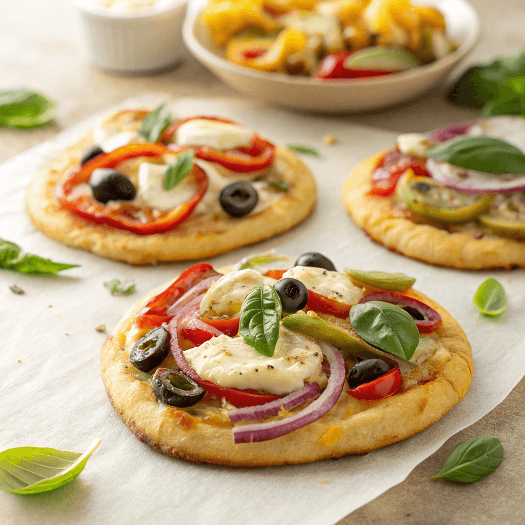 Pita Pizza Recipe – Quick, Easy 10-Minute Dinner 4 Close-up hero shot of mini pita pizzas topped with olives, peppers, artichokes, red onion, and basil.
