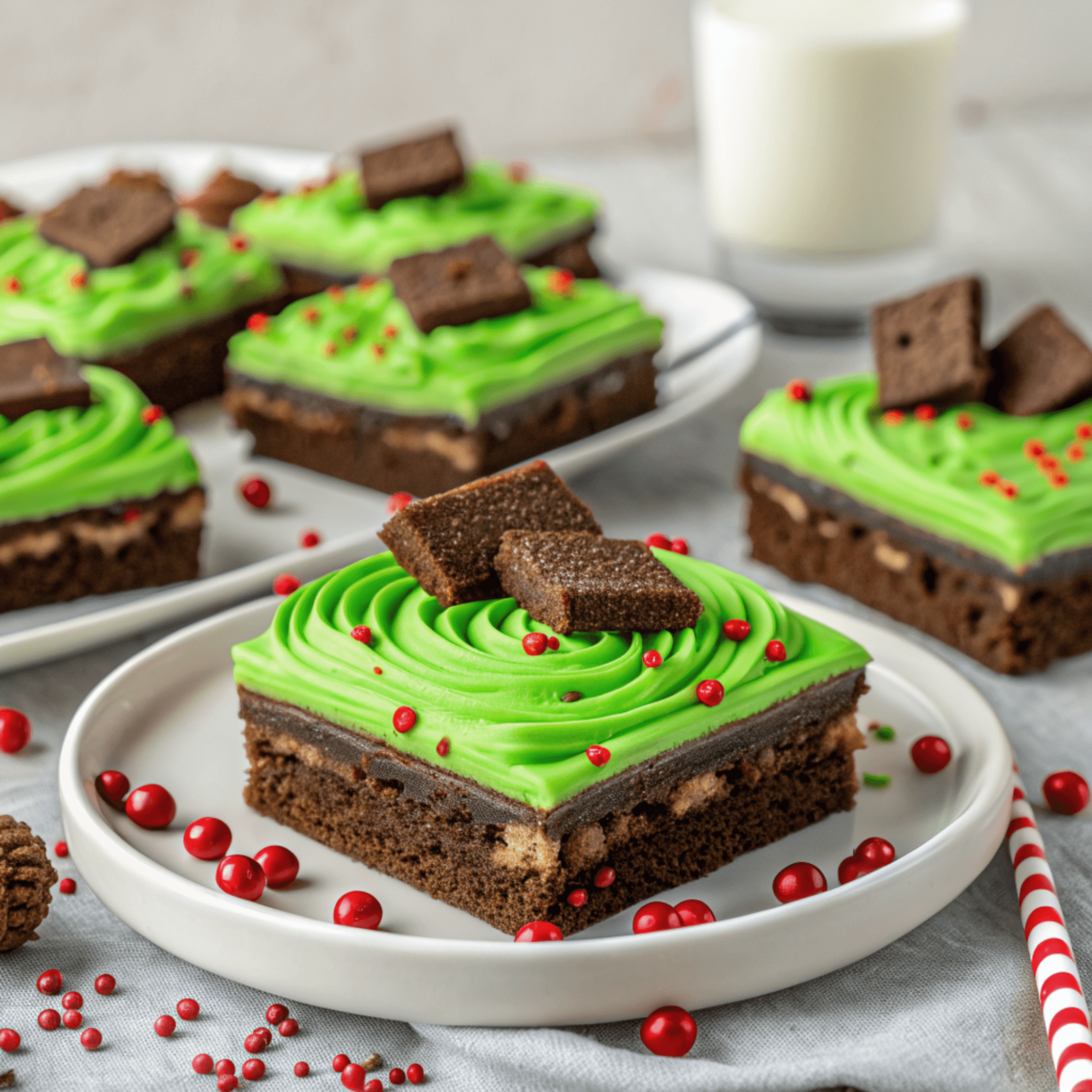 Close-up hero shot of dark chocolate Grinch brownies topped with neon-green frosting, cookie pieces, and red candies.