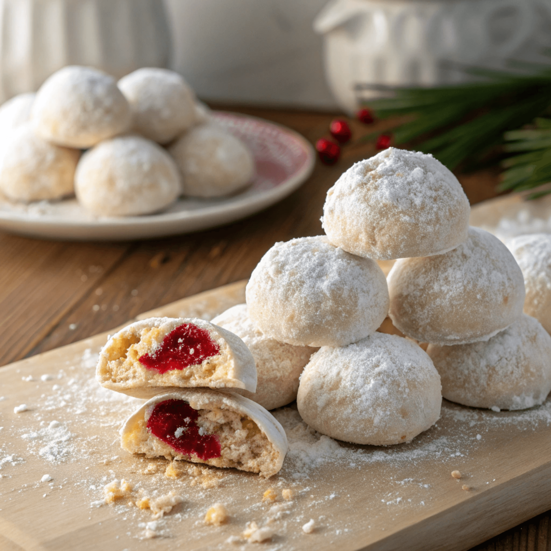 Close-up hero image of filled almond snowball cookies stacked with powdered sugar and a bright red jam center.