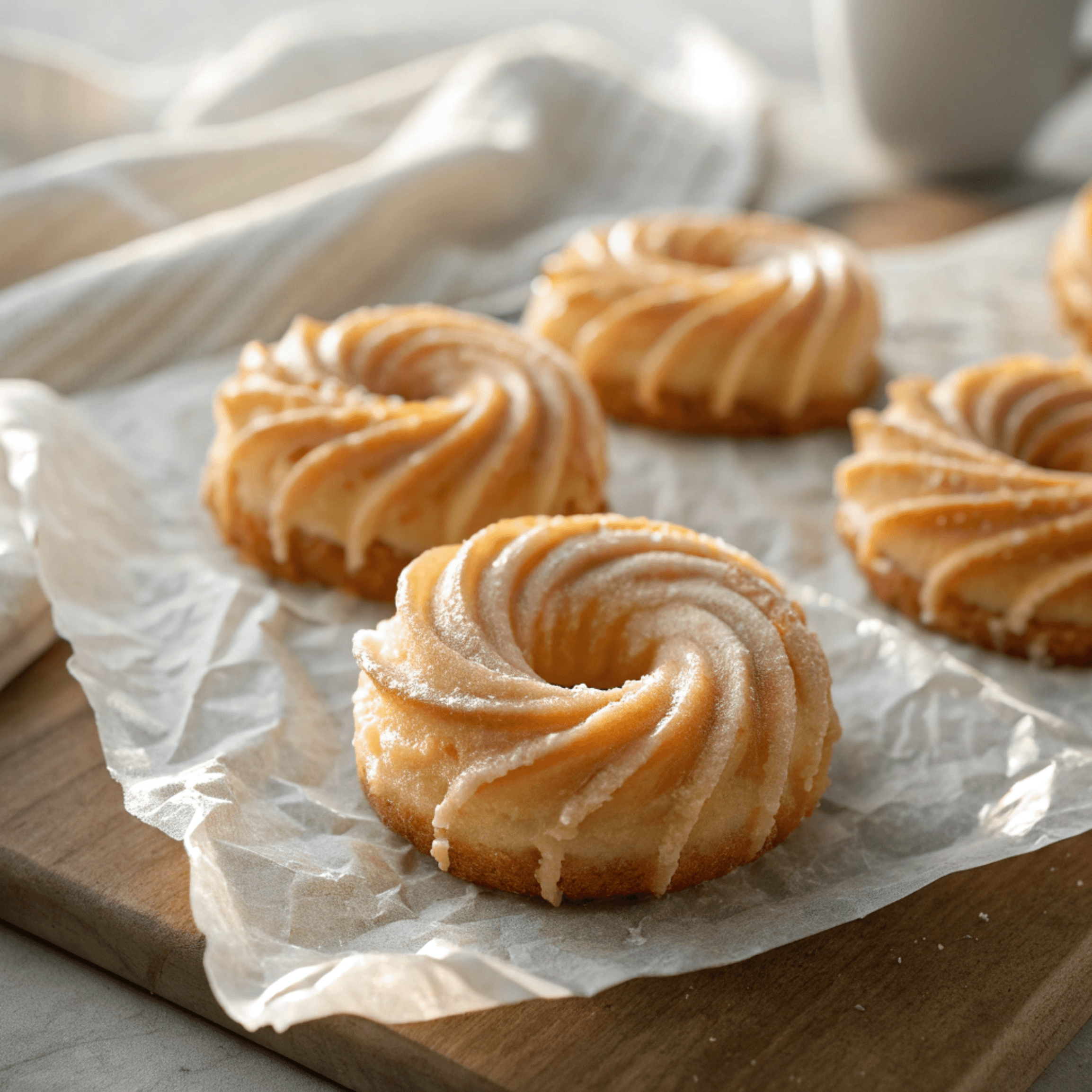 Golden French crullers with shiny vanilla glaze arranged on wax paper in a bright, inviting hero shot.