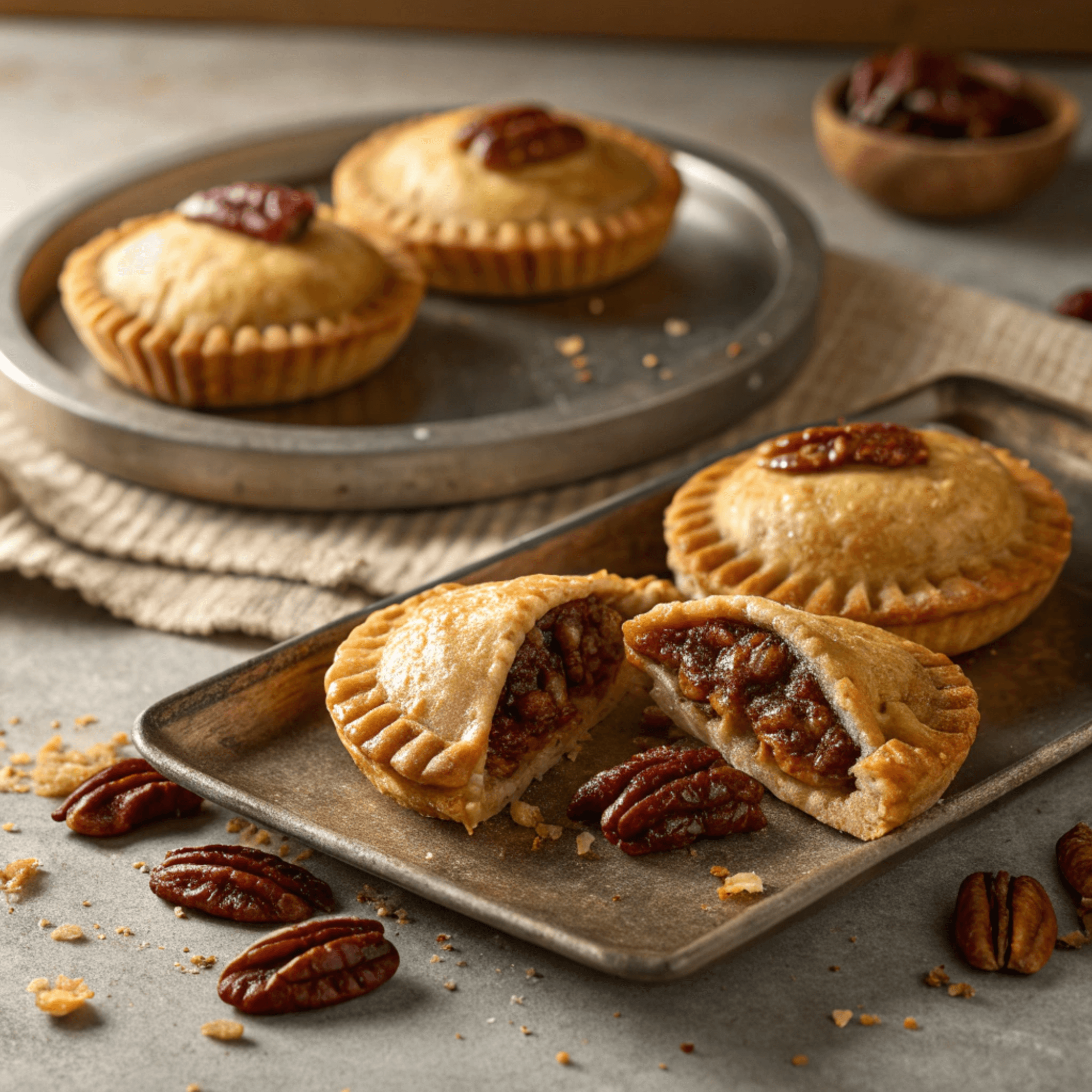 Close-up hero image of golden pecan hand pies on a rustic plate, with a few broken open to show the pecan filling.