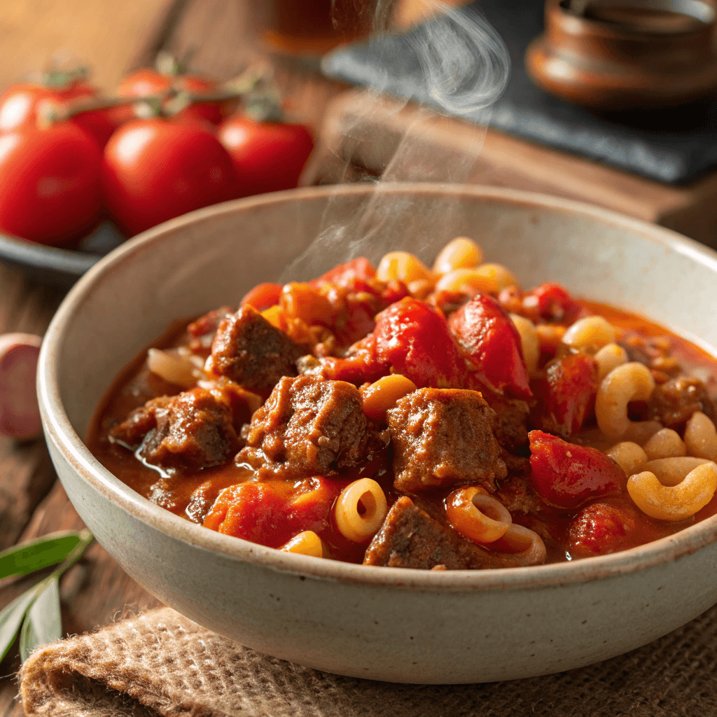 The Best One-Pot American Goulash Recipe 1 Close-up rustic-style American goulash with tender pasta and beef in a rich tomato sauce.