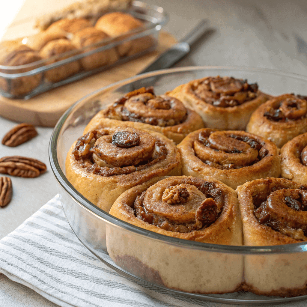 Pecan pie rolls in a glass baking dish with golden swirls, caramelized sugar, and chopped pecans.