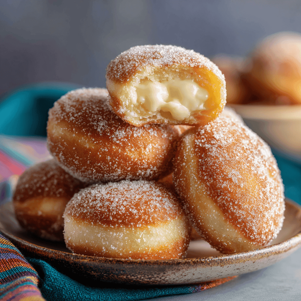 Pile of sugar-coated bomboloni Italian donuts with visible cream filling on a serving plate.