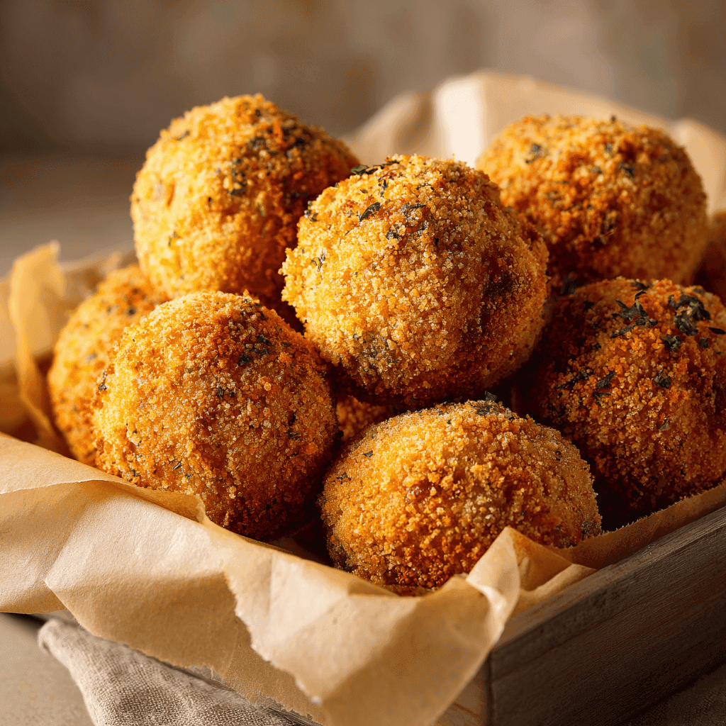 Close-up tray of crispy Reuben balls with golden crunchy coating on parchment paper.