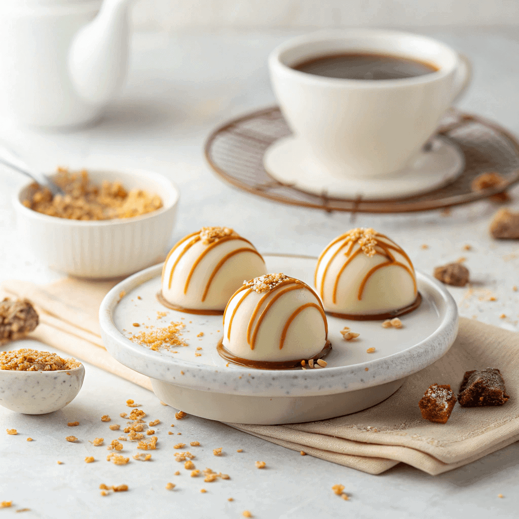 Easy No-Bake Biscoff Truffles Recipe 3 White-chocolate-coated Biscoff truffles with caramel drizzle arranged on a ceramic dessert plate.
