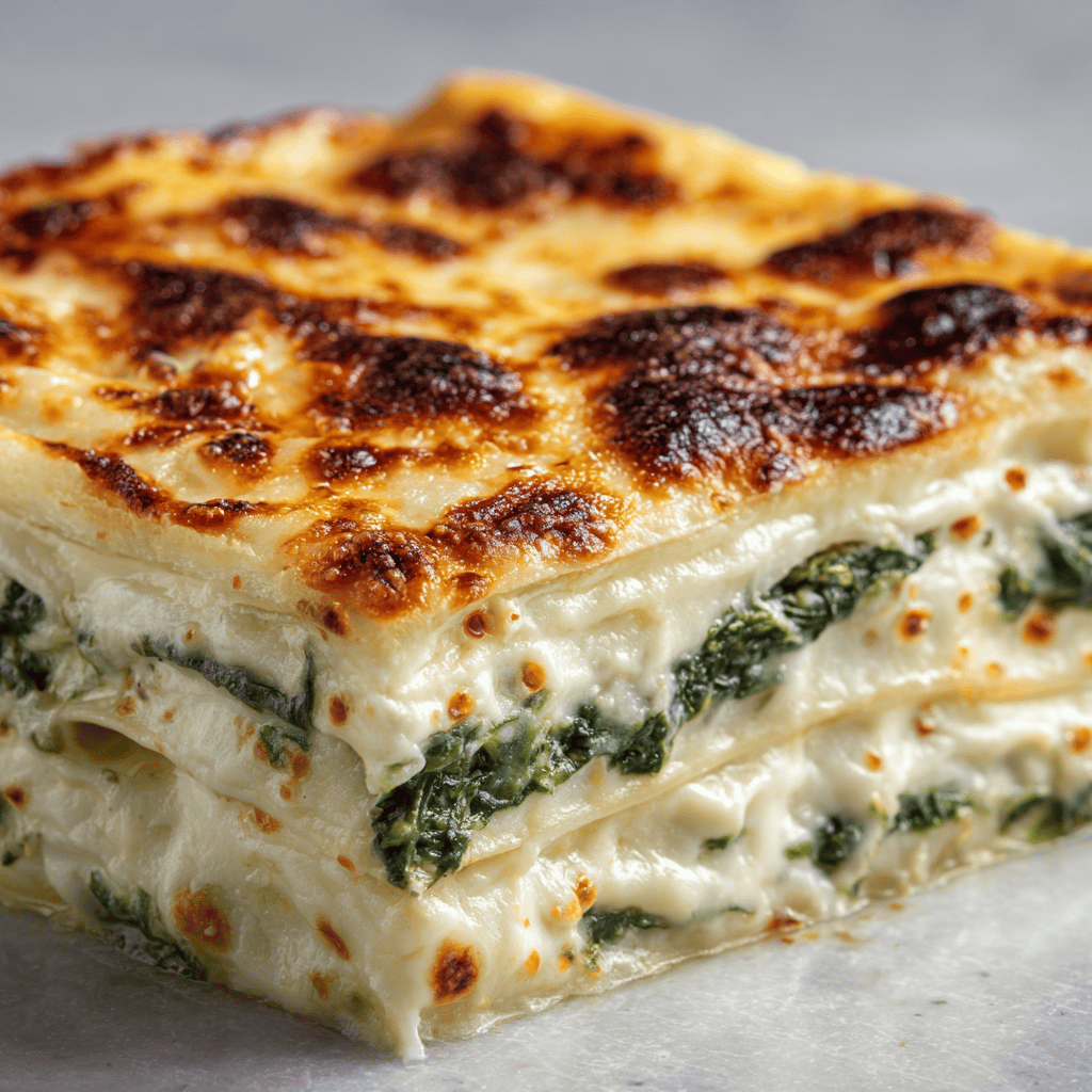 White Spinach Lasagna: Ultra Creamy, Cheesy & Easy Dinner 3 Perfectly cooked white spinach lasagna with browned cheese and creamy spinach layers.