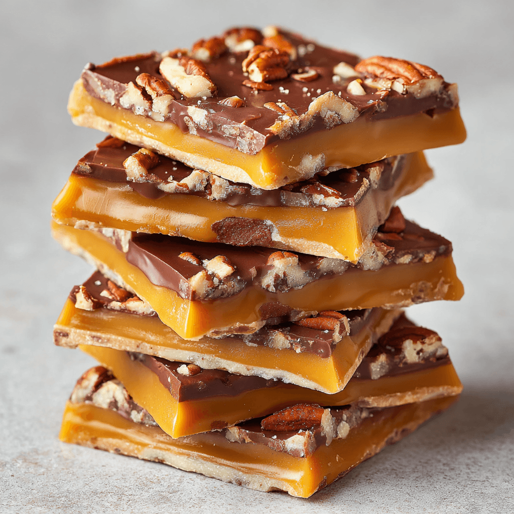 Close-up stack of Better Than Anything Toffee showing chocolate, nuts, and toffee layers clearly.