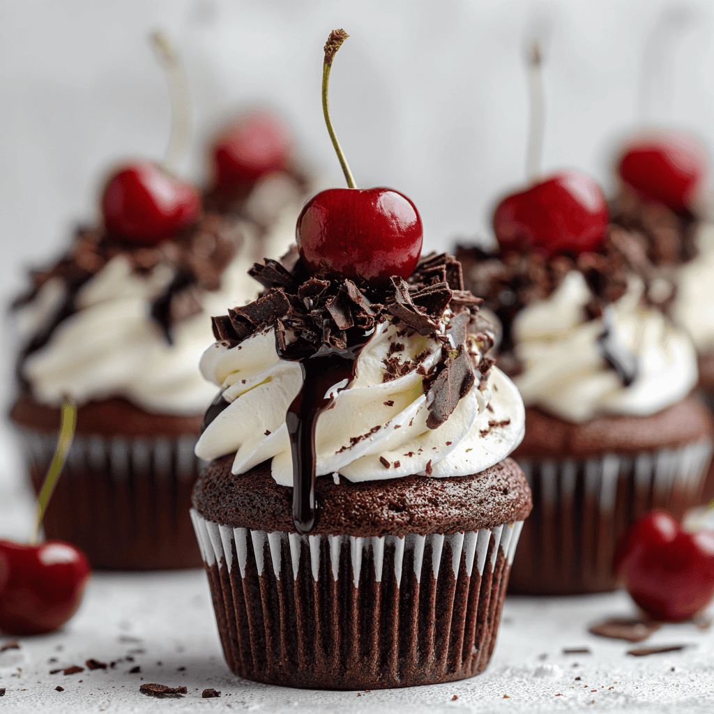 Black Forest Cupcakes topped with cream, cherry drizzle, chocolate shavings, and whole cherries.