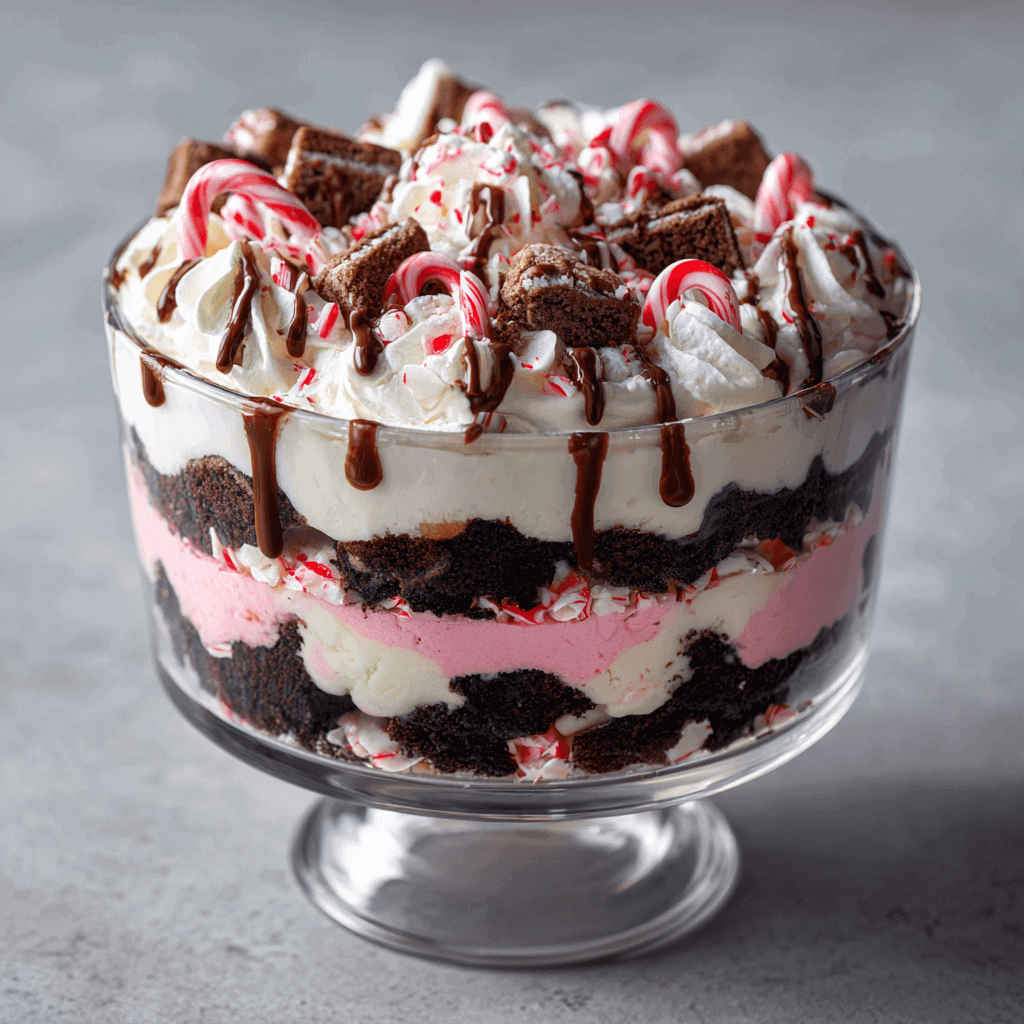 Easy Candy Cane Cookie Trifle: Layered, Creamy Holiday Treat 3 Perfectly assembled candy cane cookie trifle with clean layers and festive candy cane topping.