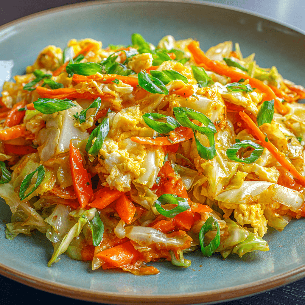 Vibrant Chinese cabbage egg stir fry with glossy vegetables and soft scrambled eggs.