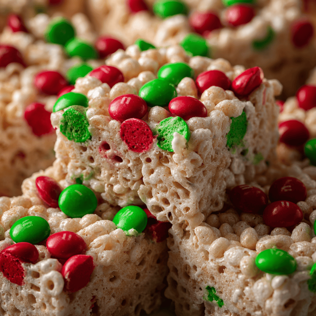 Festive Christmas rice crispy treat packed with colorful candies and sprinkles.