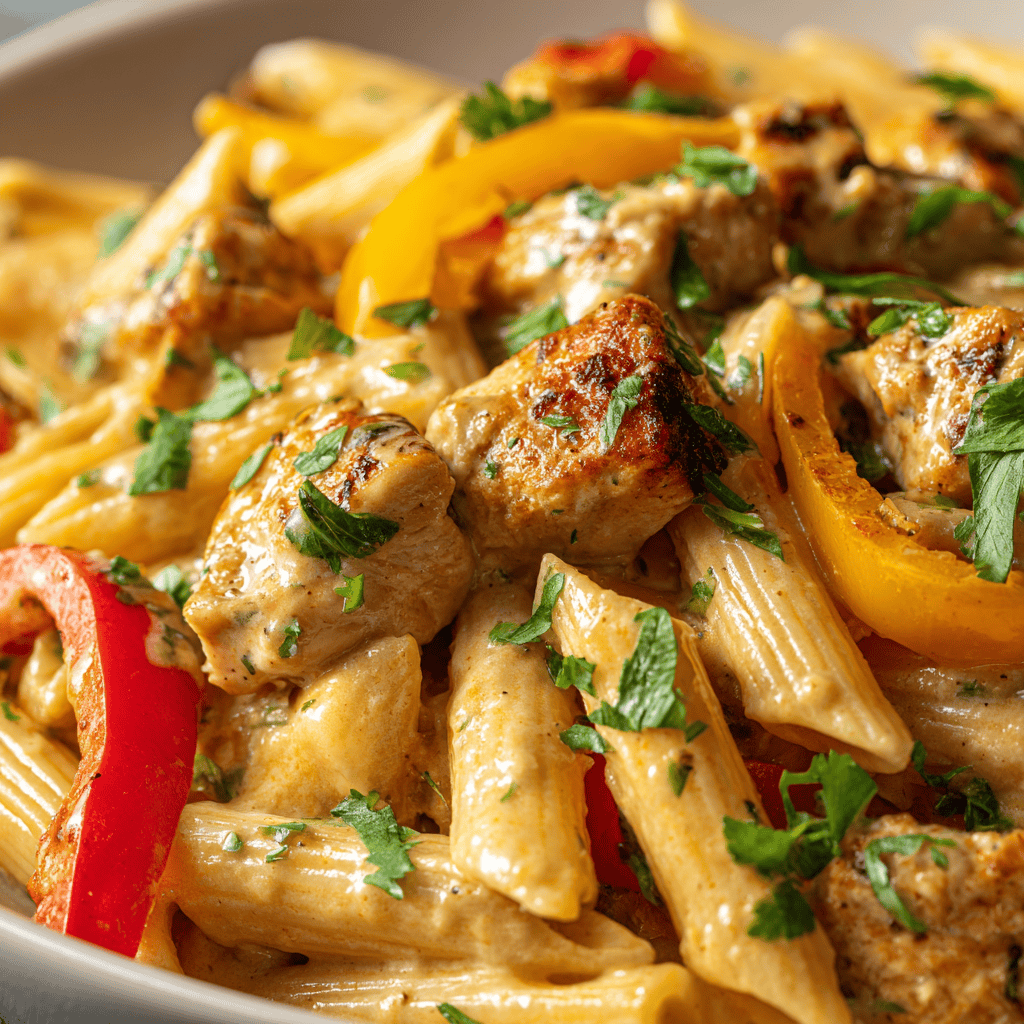 Creamy Chicken Fajita Pasta: A Quick & Delicious Weeknight Meal 1 Creamy chicken fajita pasta with colorful peppers and fresh cilantro in a vibrant close-up.