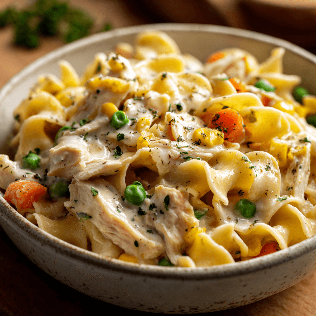 Warm and inviting bowl of creamy chicken pot pie pasta with noodles, vegetables, and chicken pieces.