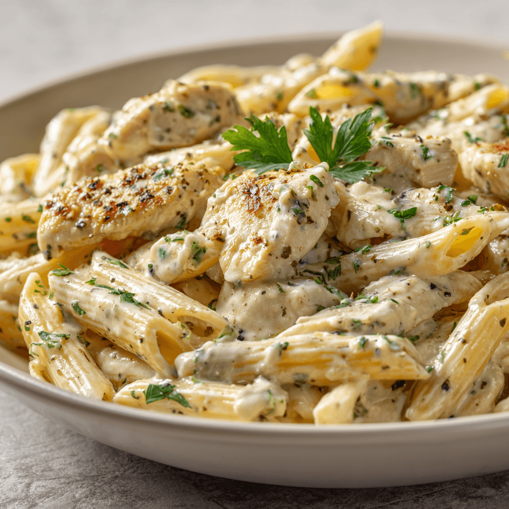 Creamy garlic chicken penne with herb garnish in a bright close-up shot.