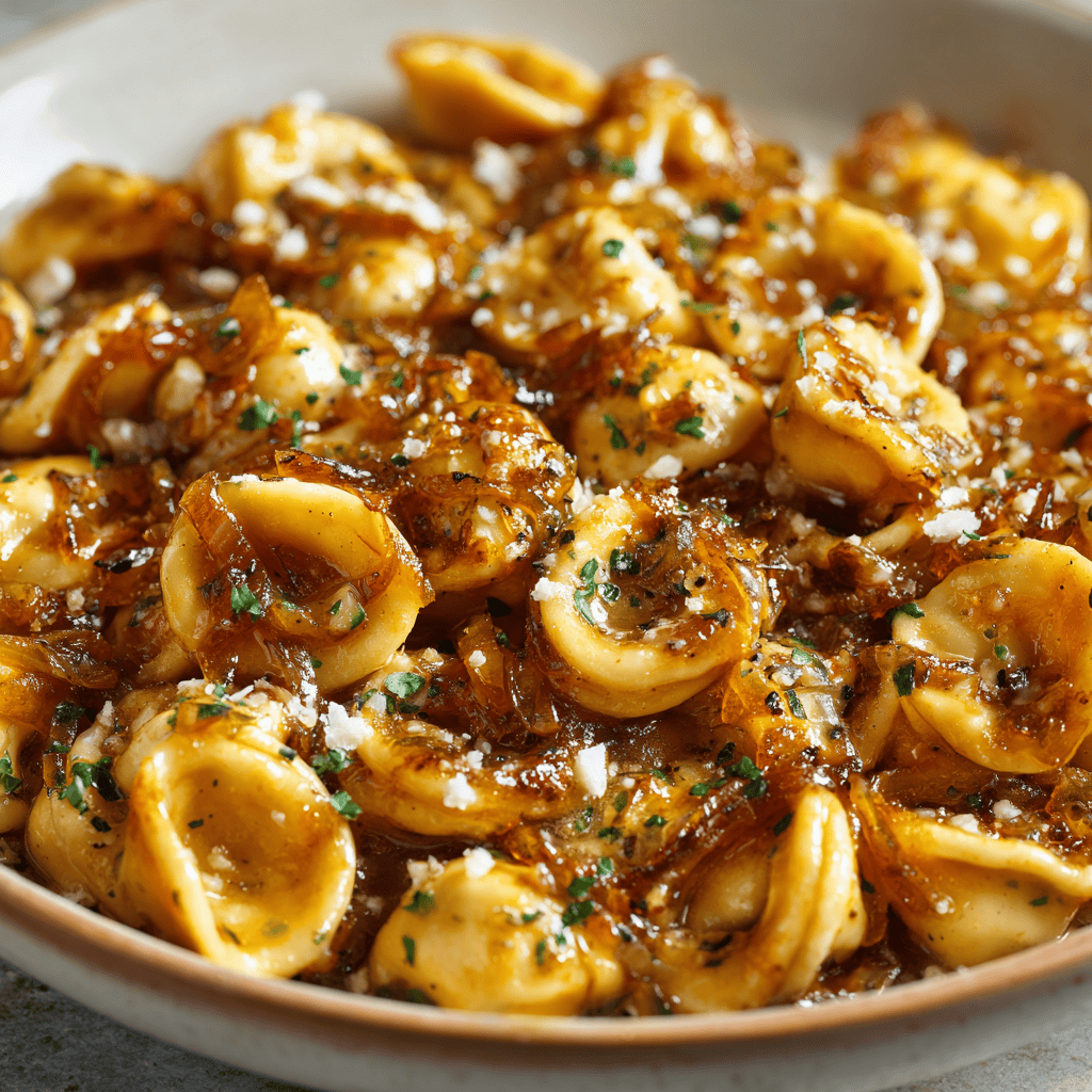 Ultra-realistic French onion pasta with creamy caramelized onion sauce and herbs.