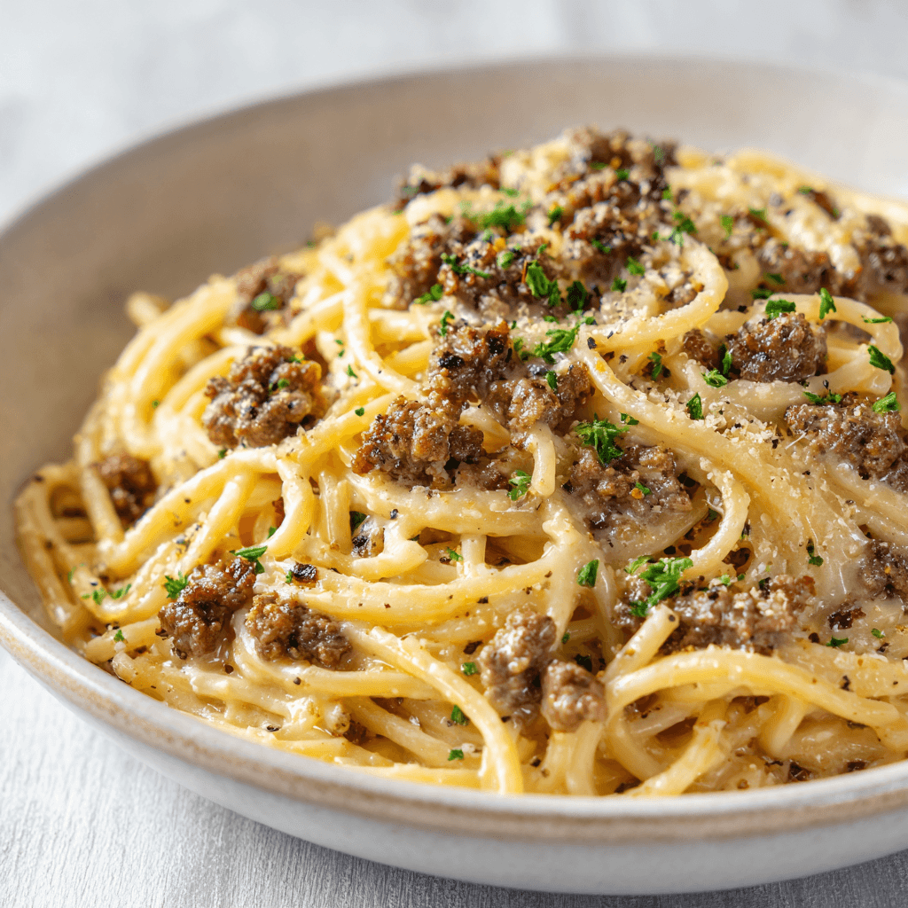 Garlic Parmesan Beef Pasta 1 Warm and inviting garlic parmesan beef pasta with creamy sauce and ground beef over spaghetti.