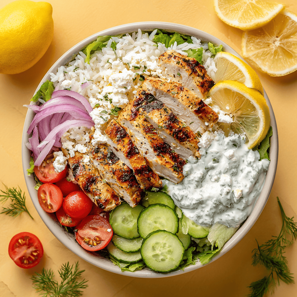 Greek Chicken Bowls: Fresh, Healthy & Easy to Make 1 Vibrant Greek chicken bowl with grilled chicken, fresh vegetables, rice, and tzatziki in a bright overhead shot.