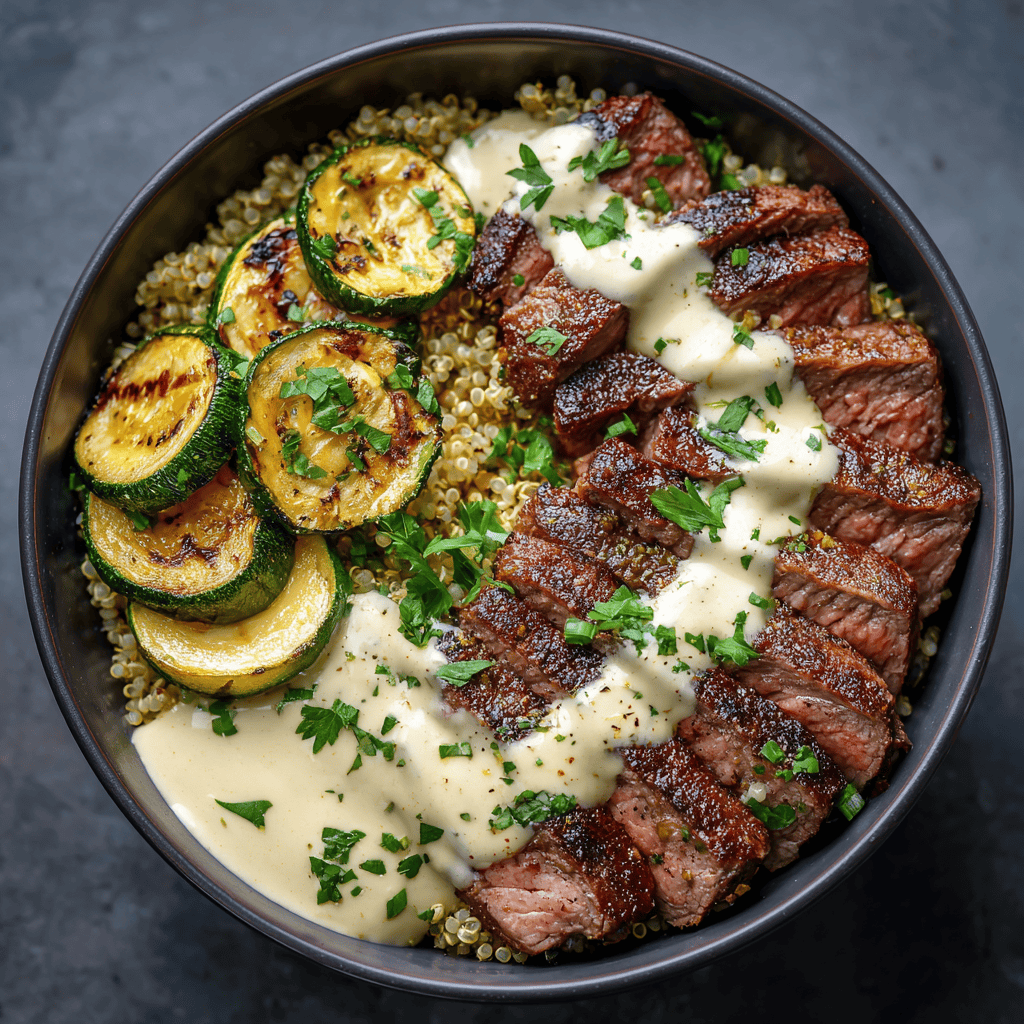 Overhead view of grilled steak, quinoa, creamy sauce, and grilled zucchini garnished with parsley.